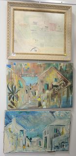 Three Alfred Birdsey (1912 - 1996) to include two unframed oil on canvas of coastal street scenes and one watercolor in contemporary frame of harbor s