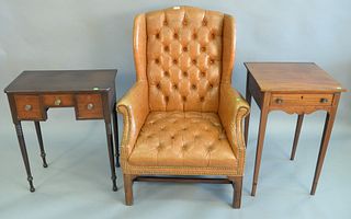 Three piece lot to include tufted wing chair and two stands with drawers, chair ht. 42".