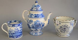 Three early blue and white pieces to include teapot, mug, sugar, ht. 11 1/2"