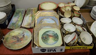 Large group of signed harriet Lazarus hand painted plates, platters and cups and saucers, dinner set.