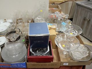 Six tray lots of glass and crystal to include Waterford clock, Kosta boda, etched crystal stemware along with etched glass plates.