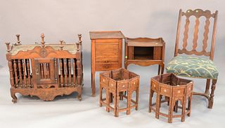 Six piece lot to include French bread cabinet, ht. 33", wd. 32", four stands and one chair.