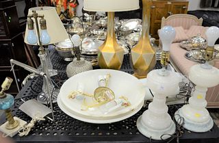 Twelve piece lighting group to include gas oil lamps electrified; pair of gold table lamps; stoneware modern table lamp; pair of chrome sconces; two c