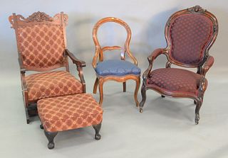 Seven piece Victorian lot to include Victorian table with inset marble, three chairs, hallrack, ottoman along with Empire style loveseat with mechanic