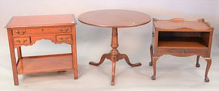 Three tables to include Baker Milling Road, custom mahogany tray top table with one drawer, round tip top table. tip top table ht. 29", dia. 35".
