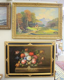 Three framed pieces to include print on canvas 'Glory of the Seas' after Montague Dawson, 16" x 32"; 20th C. oil on canvas, still life of flowers, 24"
