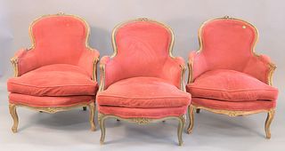 Six French chairs to include three French style armchairs with caned back and seat (as is) along with three bergeres with red upholstery.