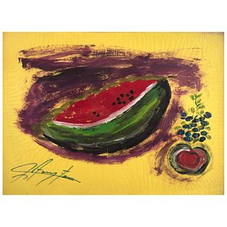 CHUCHO REYES, Naturaleza muerta con frutas, Signed on front with monogram on back, Aniline on paper, 27.5 x 37.2" (70x94.5cm), Certificate
