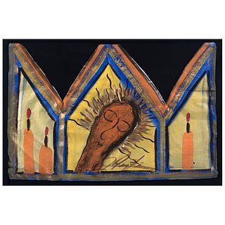 CHUCHO REYES, Virgen Dolorosa, from the series Típticos, Signed, Aniline and tempera on tissue paper, 18.5 x 25.1" (47 x 64 cm), Certificate