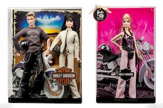 Two Pink Label Harley-Davidson Motorcycle Barbies and an Accessory
