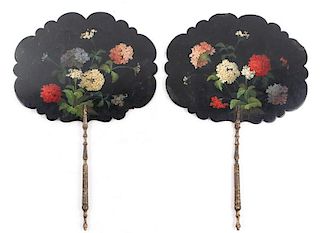 Pair of Regency Lacquered Fans w/ Florals, 19th C.
