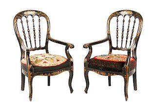 Pair of 19th C. Black Lacquered Armchairs