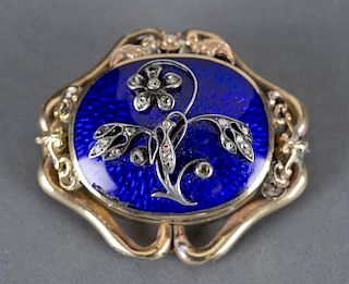 Mid-late 19th c. blue enamel and diamond brooch.