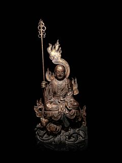 A Large Gilt Decorated Wood Figure of a Seated Monk