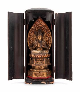 A Black Lacquered Shrine with a Gilt Wood Figure of Kannon