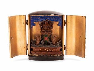 A Polychrome and Gilt Decorated Wood Traveling Shrine with a Gilt Wood Figure of a Multi-Armed Bodhisattva