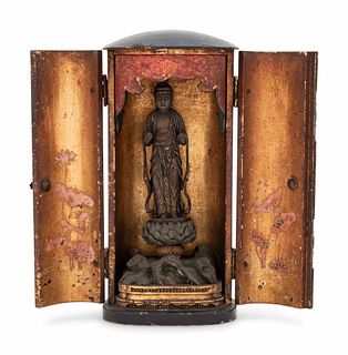 A Small Black Lacquered Shrine with a Carved Wood Figure of Kannon