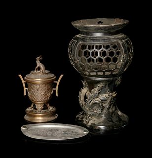 Two Bronze Incense Burners and a Chinese Pewter Tray