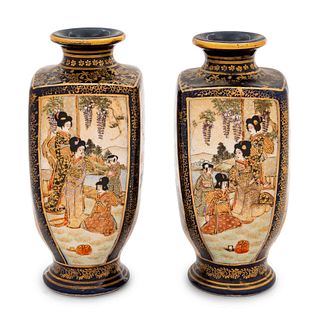 A Pair of Blue Ground Satsuma Vases
