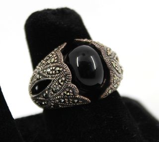 Silver, Onyx & Marcasite Ornate Ring