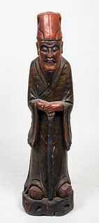 Asian Elder Polychromed & Carved Wood Sculpture