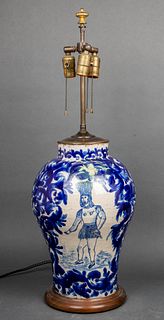 Large Blue & White Jar Mounted as Lamp, Antique