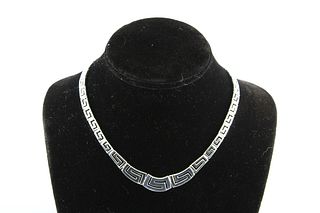 Modern Silver Graduated Greek Key Motif Necklace