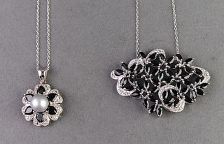 Silver, Onyx, White Topaz & Pearl Necklaces, 2