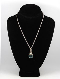 Silver, Blue Stone & Pearl Pendant Necklace