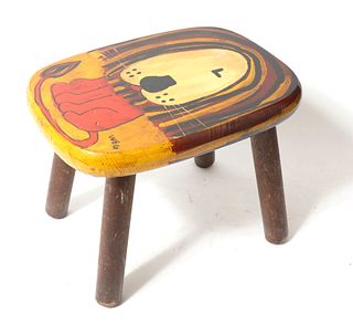 Signed "Weg" Vintage Hand-Painted Lion Footstool