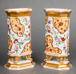 Continental Hand Painted Octagonal Vases, Pair