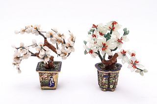 Chinese Hardstone Trees In Champleve Pots, Pair