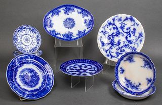 English Blue & White Porcelain Dishes, Group of 8