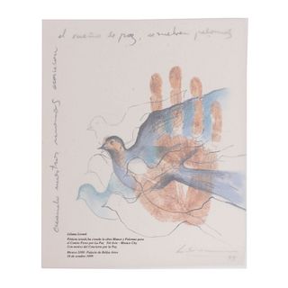 Liliana Livneh.  Manos y palomas. 26 de octubre 1999. Firma impresa. Impresión digital. 26 x 21.5 cm