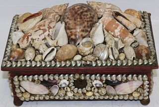 LATE 19TH CENTURY SHELL DECORATED SEWING BOX.