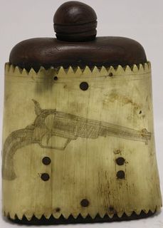 LATE 19TH CENTURY SCRIMSHAW POWDER HORN WITH