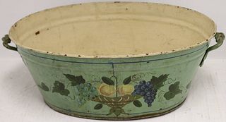 19TH CENTURY PAINTED TOLEWARE BASIN WITH HANDLES.