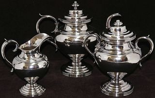 THREE-PIECE AMERICAN COIN SILVER TEA SET BY