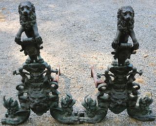 LATE 19TH CENTURY ENGLISH BRONZE ANDIRONS WITH