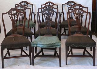 SET OF NINE MAHOGANY DINING CHAIRS. SIX ARE 18TH