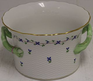 HEREND PAINTED PORCELAIN CACHE POT WITH HANDLES.