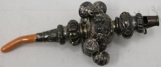 19TH CENTURY ENGLISH SILVER RATTLE AND WHISTLE.