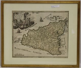 FRAMES AND GLAZED EARLY MAP OF SICILY, PROBABLY