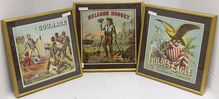 THREE LATE 19TH CENTURY FRAMED TOBACCO LABELS. TO