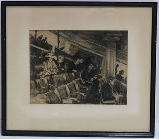 FRAMED AND GLAZED DRAWING DEPICTING SPECTATORS AT