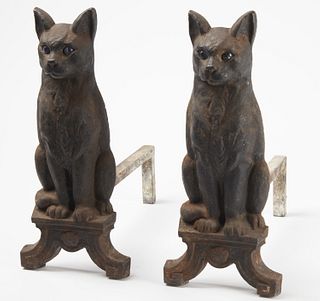 Iron Cat Andirons with Blue Glass Eyes