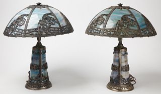 Fine Pair of Slag Panel Lamps