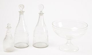 Federal Glass Compote & 3 Glass Wine Decanters