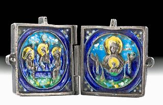 19th C. Russian Enamel Silver Travel Icon Virgin Orans