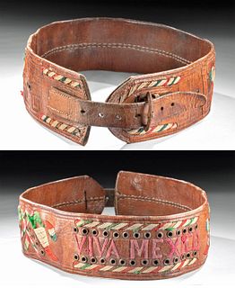 19th C. Mexican Leather Belt w/ Embroidery, Viva Mexico